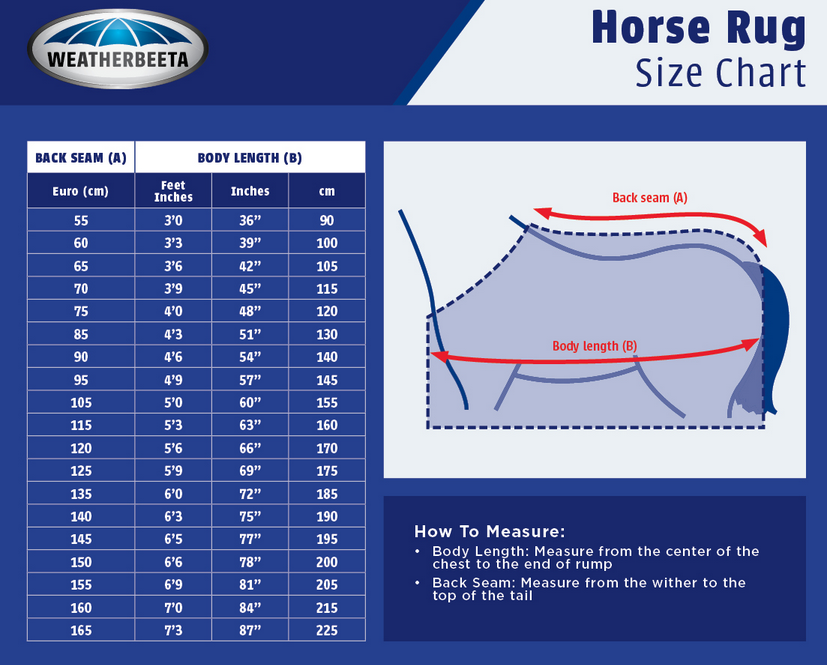 WEATHERBEETA HORSE RUG OR BLANKET  Tableau des tailles